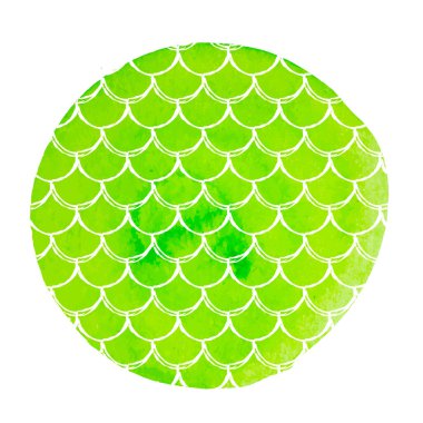 Suluboya arka planda balık pulu. Parlak renkler. Deniz kızı kuyruğu afişi ve davetiyesi. El kaplaması balık pulu süsüyle çizilmiş. Kız su altında ve deniz altında. Yeşil vektör.