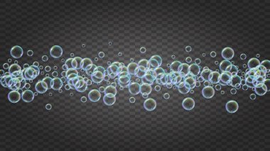 Sabun köpüğü. Deterjan banyosu köpüğü ve küvet için köpük. Şampuan. 3d vektör illüstrasyon pankartı. Parlak köpürme ve sıçrama. Gerçekçi su çerçevesi ve sınır. İzole edilmiş renkli sıvı sabun köpüğü..