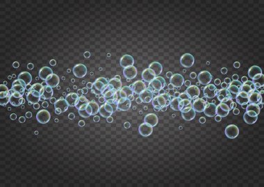 Shampoo bubbles on gradient background. Realistic water bubbles 3d. Cool liquid foam with shampoo bubbles. Horizontal cosmetic flyer and invite. Cleaning soap foam for bath and shower. clipart
