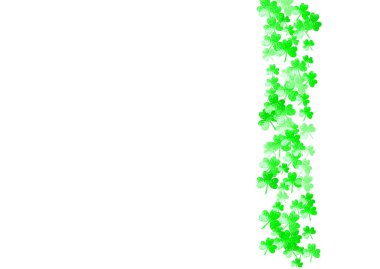 Aziz Patrick Günü için yem arkaplanı. Şanslı folyo konfetisi. Yonca yapraklarından parlak bir çerçeve. İlan şablonu, özel iş teklifi, tanıtım. Selamlama yoncası arkaplanı.