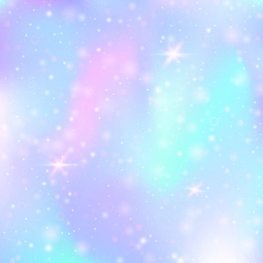 Gökkuşağı örgülü peri arkaplanı. Prenses renklerinde çoklu renkli evren pankartı. Hologramla fantezi gradyanı. Sihirli parıltıları, yıldızları ve bulanıklıkları olan holografik peri arkaplanı.