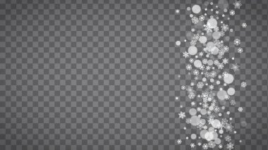 Noel ve yeni yıl kutlamaları için beyaz kar taneleri olan kış çerçevesi. Afişler, hediye kuponları, reklamlar, parti etkinlikleri için şeffaf arka planda yatay kış çerçevesi. Yağan kar