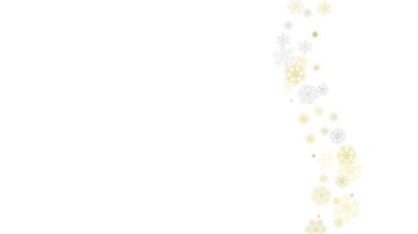 Siyah arkaplanda altın kar taneleri çerçevesi. Yeni yıl teması. Bayram afişi, kart, satış ve özel fiyat için yatay parlak bir Noel çerçevesi. Altın kar taneleriyle yağan kar ve parti için ışıltı.