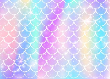 Prenses gökkuşağı desenli Kawaii deniz kızı geçmişi. Sihirli parıltılı ve yıldızlı balık kuyruğu afişi. Kız partisi için deniz fantezisi davetiyesi. Plastik kawaii deniz kızı arkaplanı.