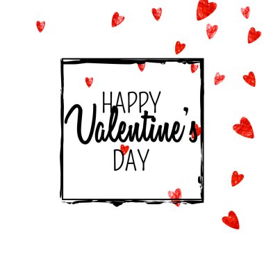 Kırmızı kalpli sevgililer günü kartı mı? 14 Şubat. Sevgililer Günü kartı şablonu için vektör konfetisi. Grunge el çizimi dokusu. Parti daveti, perakende satış teklifi ve reklam için aşk teması.