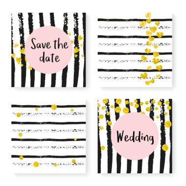 Parlak konfetiyle düğün çizgileri. Davetiye ayarlandı. Siyah ve beyaz arka planda altın kalpler ve noktalar. Parti, etkinlik, düğün öncesi parti için çizgili tasarım, tarih kartı kaydet.