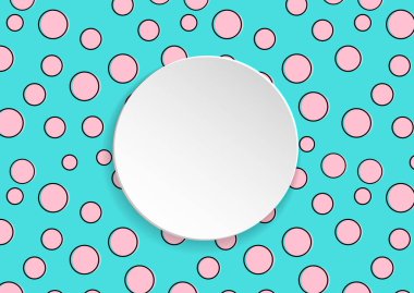 Pop sanatının renkli konfeti geçmişi. Siyah noktalar ve mürekkep çizgileriyle beyaz arka planda büyük renkli lekeler ve daireler. Pop sanat tarzında 3 boyutlu kağıt tabakla afiş. Broşür, satış ve reklam için hoş bir şablon.