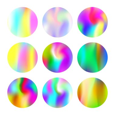 Gradyan yuvarlak set ve holografik ağ. Soyut eğimli, zarif, yuvarlak arka planlar. 90 'lar, 80' ler modası. Pankart, uçucu, kapak, mobil arayüz, web uygulaması için yanardöner grafik şablonu.