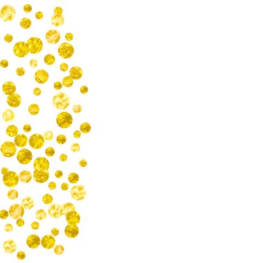 Arkaplanda noktalar olan altın parıltısı konfetileri. Parıltı ve parıltıyla düşen pullar. Parti davetiyesi, afiş, afiş, doğum günü kartı için altın parıltılı konfeti şablonu..