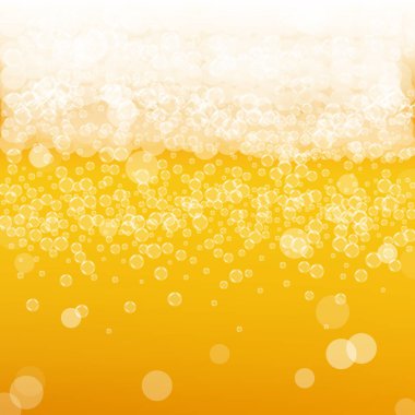 Gerçekçi baloncuklu bira arka planı. Bar ve bar tasarımı için serin sıvı içecek, afişler ve afişler. Beyaz köpüklü sarı kare bira arka planı. Bira fabrikası tasarımı için soğuk bir bardak bira..