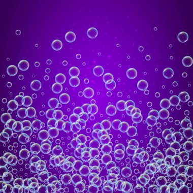 Mor arka planda gerçekçi su kabarcıkları olan bir şampuan köpüğü. Banyo ve duş için sıvı sabun köpüğü temizliyorum. Şampuan gökkuşağı kabarcıkları. Yüzme havuzu broşürü ve davetiyesi.