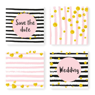 Çizgili düğün simleri konfetisi. Davetiye ayarlandı. Siyah ve pembe arka planda altın kalpler ve noktalar. Parti, etkinlik, düğün öncesi parti için parıltılı şablon, tarih kartını kaydet.