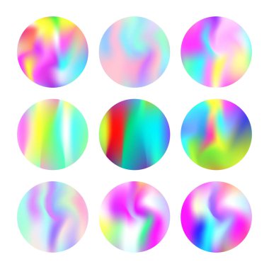 Holografik soyut arkaplanlar ayarlandı. Gradyan örgülü çok renkli holografik arkaplan. 90 'lar, 80' ler modası. Broşür, el ilanı, poster, duvar kağıdı, mobil ekran için Pearlescent grafik şablonu.