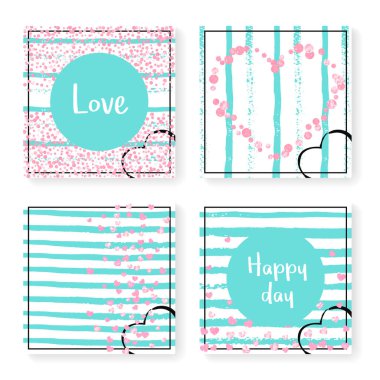 Parlak konfeti ve çizgili düğün davetiyesi. Nane ve beyaz arka planda pembe kalpler ve noktalar. Düğün davetiyeli tasarım parti, etkinlik, düğün partisi, tarih kartı kaydet.