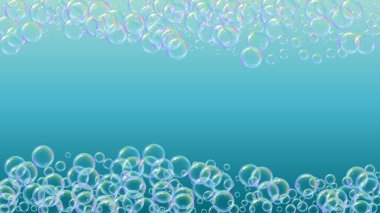 Köpük temizleme. Sabun köpüğü. Banyo için deterjan köpükleri. Şampuan. 3D vektör illüstrasyon posteri. Moda spreyi ve sıçrama. Gerçekçi su çerçevesi ve sınır. Mavi renkli sıvı temizlik köpüğü.