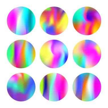 Holografik soyut arkaplanlar ayarlandı. Gradyan örgülü holografik arkaplan. 90 'lar, 80' ler modası. Broşür, el ilanı, poster, duvar kağıdı, mobil ekran için yanardöner grafik şablonu.