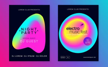 Müzik afişi. Elektronik ses. Gece dansı yaşam tarzı tatili. Dalgalı bağımsız parti dergisi şablonu. Akışkan holografik gradyan şekil ve çizgi. Yaz festivali ilanı ve müzik afişi..