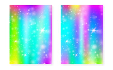 Prenses gökkuşağı gradyanı ile sihirli arka plan. Kawaii tek boynuzlu at hologramı. Holografik peri seti. Mistik fantezi kapağı. Tatlı kız daveti için ışıltılı ve yıldızlı sihirli bir arka plan..