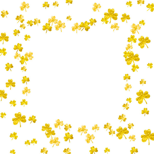 День святого Патрика с трилистником. Счастливые конфетти из трилистника. Блестящая рамка листьев клевера. Шаблон для плаката, подарочный сертификат, баннер. Счастливого дня святых Патриков.