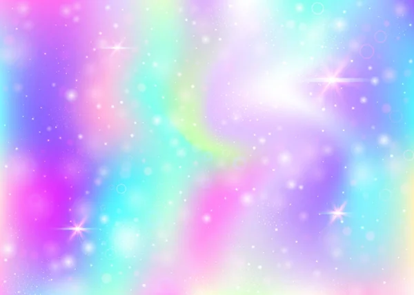 レインボーメッシュのユニコーンの背景 プリンセスカラーのガーリー宇宙バナー ホログラムでファンタジーグラデーションの背景 魔法の輝きとホログラフィックユニコーンの背景 星とぼかし — ストックベクタ