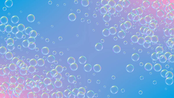 Soap bubble. Detergent bath foam and suds for bathtub. Shampoo. 3d vector illustration concept. Bright fizz and splash. Realistic water frame and border. Purple colorful liquid soap bubble.