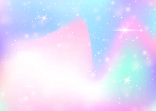 レインボーメッシュのユニコーンの背景 プリンセスカラーのガーリッシュ宇宙バナー ホログラムでファンタジーグラデーションの背景 魔法の輝きとホログラフィックユニコーンの背景 星とぼかし — ストックベクタ