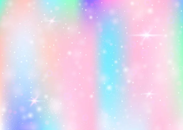 虹のメッシュと妖精の背景 プリンセスカラーのかわいい宇宙バナー ホログラムでファンタジーグラデーションの背景 魔法の輝きとホログラフィック妖精の背景 星とぼかし — ストックベクタ