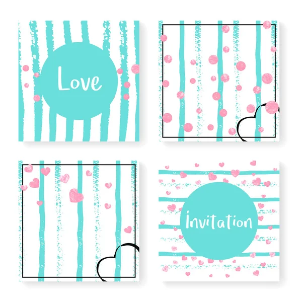 Wedding Stripes Glitter Confetti Invitation Set Pink Hearts Dots Mint — Stock Vector