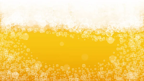 啤酒背景与现实的泡沫 餐厅菜单设计 横幅和传单的冷饮 黄色水平啤酒背景与白色泡沫 一品脱金银花或啤酒 — 图库矢量图片