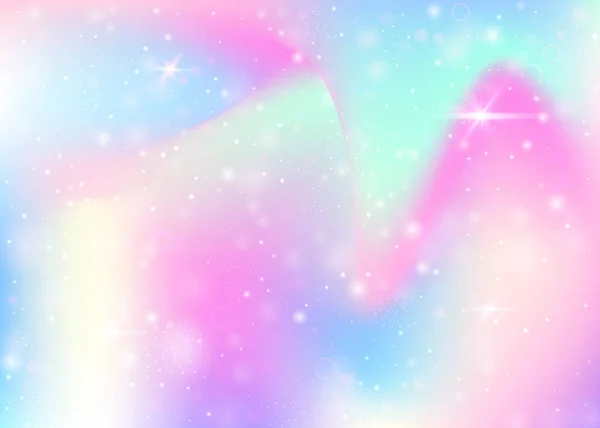 虹色のメッシュで魔法の背景 プリンセスカラーのカラフルな宇宙バナー ホログラムでファンタジーグラデーションの背景 妖精の輝きとホログラフィックな魔法の背景 星とぼかし — ストックベクタ