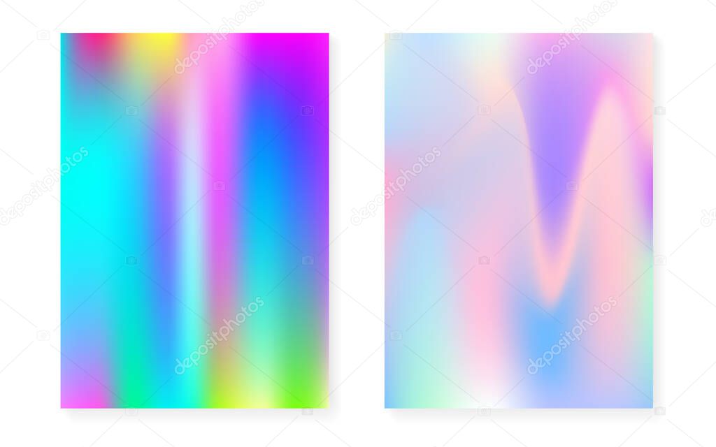 Holographic gradient background set with hologram cover. 90s, 80s retro style. Pearlescent graphic template for flyer, poster, banner, mobile app. Creative minimal holographic gradient.