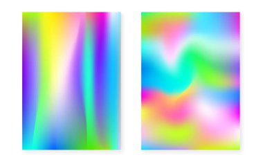 Hologram gradyan arkaplan seti. 90 'lar, 80' ler modası. Kitap için Pearlescent grafik şablonu, yıllık, mobil arayüz, web uygulaması. Gelecekçi asgari holografik kapak.