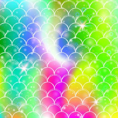 Prenses gökkuşağı desenli Kawaii deniz kızı geçmişi. Sihirli parıltılı ve yıldızlı balık kuyruğu afişi. Kız partisi için deniz fantezisi davetiyesi. Gelecekçi kawaii deniz kızı arkaplanı.