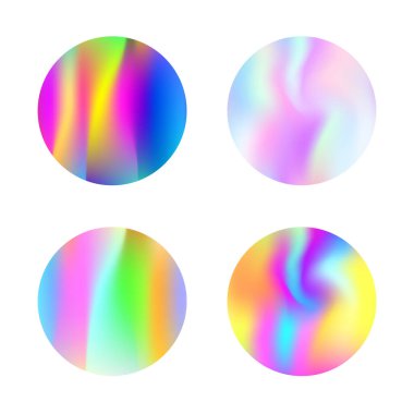 Gradyan yuvarlak set ve holografik ağ. Soyut eğimli, zarif, yuvarlak arka planlar. 90 'lar, 80' ler modası. Pankart, uçucu, kapak, mobil arayüz, web uygulaması için yanardöner grafik şablonu.