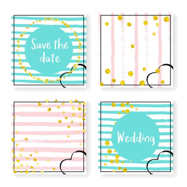 Parlak konfetiyle düğün çizgileri. Davetiye ayarlandı. Pembe ve nane arkaplanda altın kalpler ve noktalar. Parti, etkinlik, düğün öncesi parti için çizgili şablon, tarih kartını kaydet.