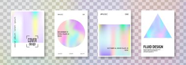 Holografik poster seti. Soyut arka planlar. Gradyan örgülü spektrum holografik posteri. 90 'lar, 80' ler modası. Broşür, pankart, duvar kağıdı, mobil ekran için Pearlescent grafik şablonu