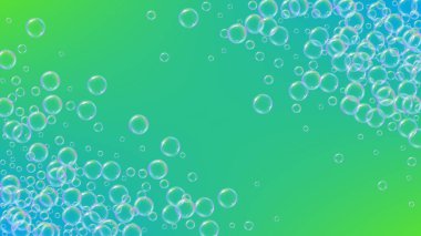 Şampuan köpüğü ve deterjan sabunuyla köpüklü arka plan. 3d vektör illüstrasyon daveti. Canlı sprey ve sıçrama. Gerçekçi su çerçevesi ve sınır. Yeşil renkli sıvı kabarcık arkaplanı.