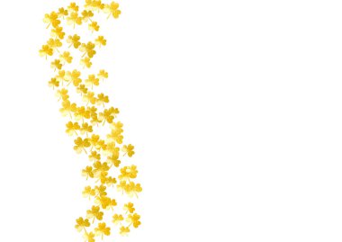 Aziz Patrick Günü için yonca arka planı. Şanslı folyo konfetisi. Yonca yapraklarından parlak bir çerçeve. Poster, hediye çeki ve afiş için şablon. Selamlama yoncası arka planı.