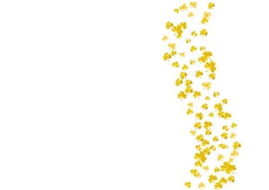 Aziz Patrick Günü için yonca arka planı. Şanslı folyo konfetisi. Yonca yapraklarından parlak bir çerçeve. Poster, hediye çeki ve afiş için şablon. Şenlikli yonca arka planı.