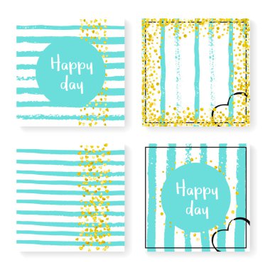 Parlak konfeti ve çizgili düğün davetiyesi. Nane ve beyaz arka planda altın kalpler ve noktalar. Düğün davetiyeli tasarım parti, etkinlik, düğün partisi, tarih kartı kaydet.