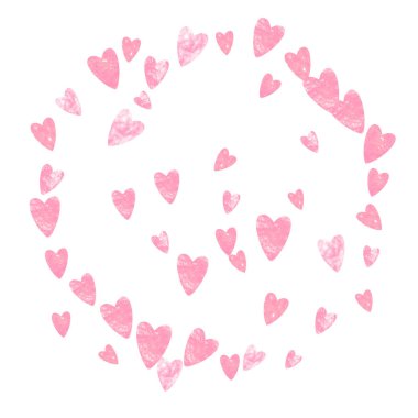 Pembe pırıltılı kalpler konfetisi izole bir arka planda. Parıltı ve parıltıyla düşen pullar. Parti davetiyesi, olay afişi, broşür, doğum günü kartı için pembe parıltılı kalpler tasarla.