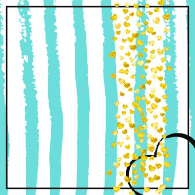Turkuaz şeritli altın parıltılı konfeti. Parıltı ve parıltıyla düşen pullar. Parti davetiyesi, afiş, afiş, doğum günü kartı için altın parıltılı konfeti tasarımı.