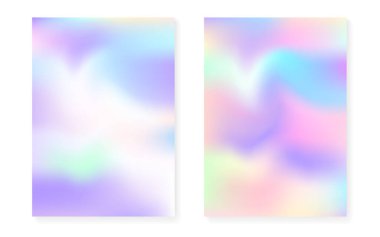 Hologram gradyan arka planı holografik kapaklı. 90 'lar, 80' ler modası. Broşür, pankart, duvar kağıdı, mobil ekran için Pearlescent grafik şablonu. Çoklu renk asgari hologram gramı gradyanı.