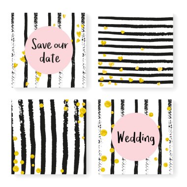 Parlak konfetiyle düğün çizgileri. Davetiye ayarlandı. Siyah ve beyaz arka planda altın kalpler ve noktalar. Parti, etkinlik, düğün öncesi parti için çizgili şablon, tarih kartını kaydet.