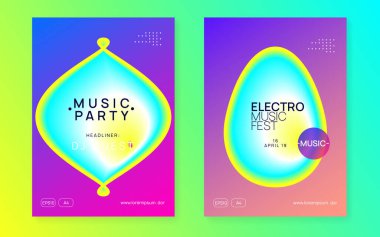 Müzik broşürü seti. Elektronik ses. Gece dansı yaşam tarzı tatili. Ticari elektro olay sunum düzeni. Akışkan holografik gradyan şekil ve çizgi. Yaz festivali ve müzik broşürü posteri..