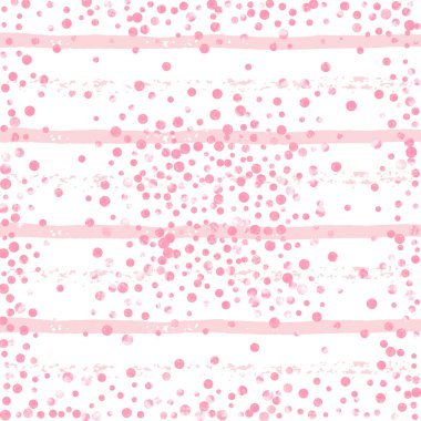 Pembe parıltılı noktalar beyaz çizgili konfetileri gösteriyor. Parlak kıvılcımlarla düşen pullar. Parti daveti, gelin partisi ve davetiye için pembe noktalı tasarım.