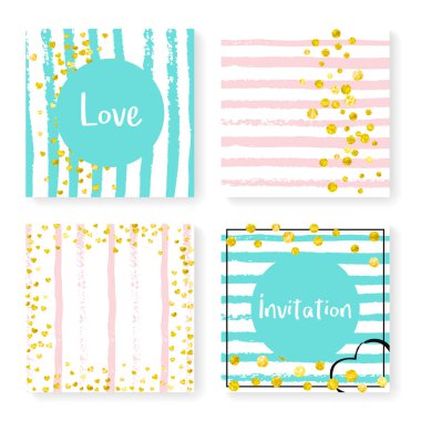Parlak konfetiyle düğün çizgileri. Davetiye ayarlandı. Pembe ve nane arkaplanda altın kalpler ve noktalar. Parti, etkinlik, düğün öncesi parti için çizgili tasarım, tarih kartı kaydet.