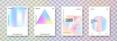 Minimalist poster seti. Soyut arka planlar. Gradyan örgülü neon minimalist poster. 90 'lar, 80' ler modası. Broşür, pankart, duvar kağıdı, mobil ekran için yanardöner grafik şablonu
