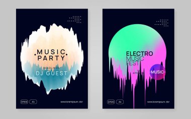 Müzik festivali seti. Elektronik ses. Gece dansı yaşam tarzı tatili. Akışkan holografik gradyan şekil ve çizgi. Geometrik bağımsız konser dergisi tasarımı. Yaz posteri ve müzik festivali broşürü.