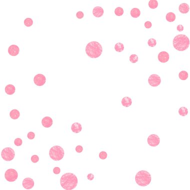 İzole edilmiş arka planda pembe parıltılı konfeti konfetileri. Parıltı ve parıltıyla düşen pullar. Parti daveti, düğün öncesi parti daveti ve randevu daveti için pembe noktalı şablon.